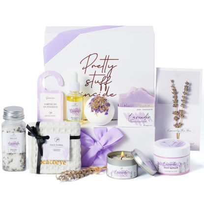 Picture of Peacoeye Gifts for Women Spa Lavender Bath Gift Baskets Valentines Day Gifts Relaxing Self Care Gift for Mom Her Sister Wife Auntie Home Bath Kit Care Package Birthday Friendship Gift Ideas
