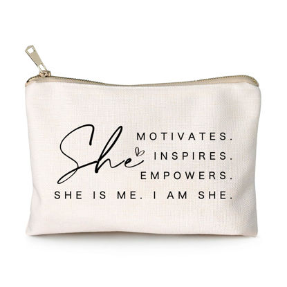 Picture of She Motivates Inspires Empowers Makeup Bag She is Me Entrepreneurship Gift Women's Motivational Cosmetic Bags Powerful and Inspirational Travel Bag Gift for Her