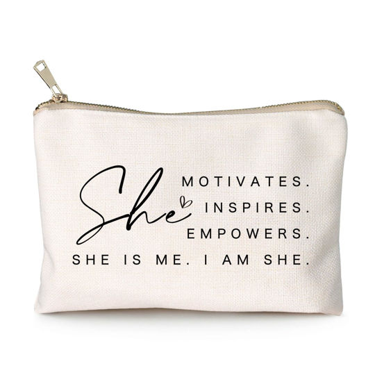 Picture of She Motivates Inspires Empowers Makeup Bag She is Me Entrepreneurship Gift Women's Motivational Cosmetic Bags Powerful and Inspirational Travel Bag Gift for Her