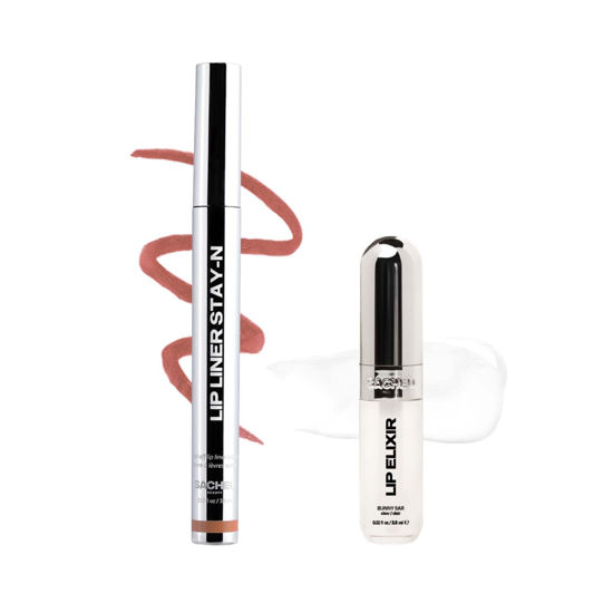 Picture of Sacheu Lip Liner Stay-N & Lip Elixir Bundle, Peel Off Lip Stain and Nourishing Lip Glaze and Lip Tint Gloss Infused with Hyaluronic Acid & Vitamin E, For All Skin Types, p-INKED and Bunny Ear