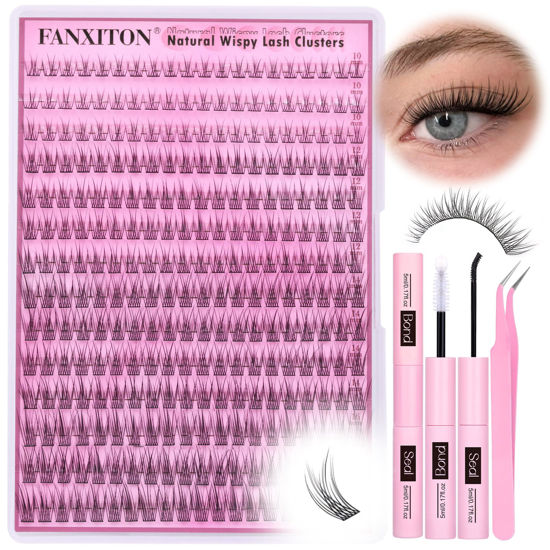 Picture of FANXITON Lash Clusters Kit Wispy Lashes Clusters Kit Natural C Curl Lash Extensions Kit 280 Pcs Eyelash Clusters Kit with Lash Bond and Seal Tweezers Individual Lashes Kit