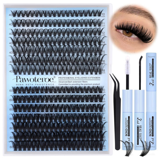 Picture of Pawotence Lash Clusters Kit 40D 60D Lash Extension Kit 10-18mm Cluster Eyelash Extension Kit Individual Lashes 280pcs Eyelash Clusters with Lash Bond and Seal, Lash Tweezers for Self Use