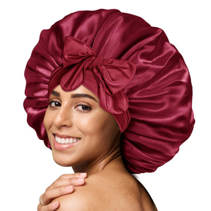 Picture of BONNET QUEEN Large Satin Bonnet Silk Bonnet for Sleeping Women Hair Bonnet Big Bonnet Night Sleep Cap Scarf Wrap for Curly Hair with Tie Band Red Burgundy