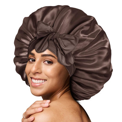 Picture of BONNET QUEEN Large Satin Bonnet Silk Bonnet for Sleeping Women Hair Bonnet Big Bonnet Night Sleep Cap Scarf Wrap for Curly Hair with Tie Band Brown