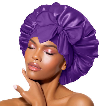 Picture of BONNET QUEEN Satin Bonnet Silk Bonnet for Sleeping Women Hair Bonnet Night Sleep Cap Scarf wrap for Curly Hair with tie Band Purple
