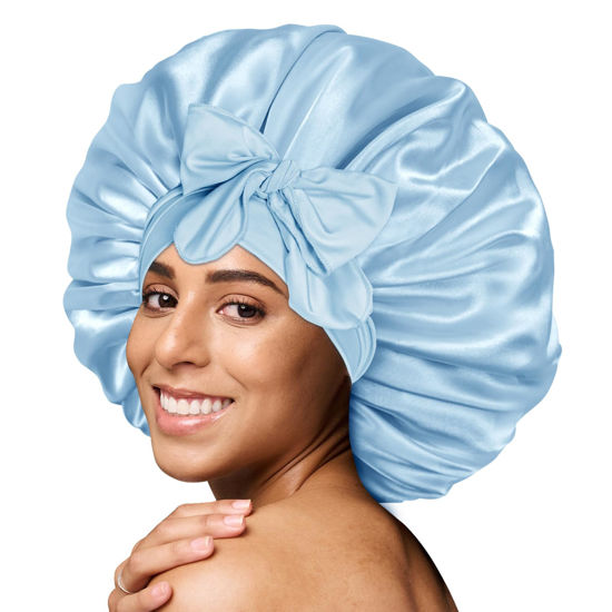 Picture of BONNET QUEEN Large Satin Bonnet Silk Bonnet for Sleeping Women Hair Bonnet Big Bonnet Night Sleep Cap Scarf Wrap for Curly Hair with Tie Band Light Blue