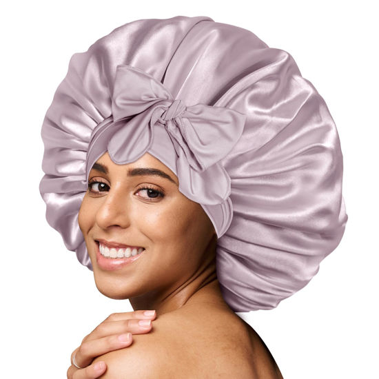 Picture of BONNET QUEEN Large Satin Bonnet Silk Bonnet for Sleeping Women Hair Bonnet Big Bonnet Night Sleep Cap Scarf Wrap for Curly Hair with Tie Band Purplish Gray