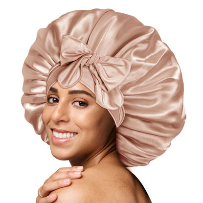 Picture of BONNET QUEEN Large Satin Bonnet Silk Bonnet for Sleeping Women Hair Bonnet Big Bonnet Night Sleep Cap Scarf Wrap for Curly Hair with Tie Band Champagne