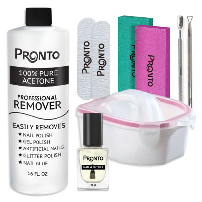 Picture of Pronto Gel Nail Polish Remover Kit - 16oz Pure Acetone, Nail Soaking Bowl, Moisturizing Cuticle Oil, Manicure Kit Including Gel Nail Polish Tools, Nail File, Nail Buffer, Cuticle Pusher & Nail Scraper
