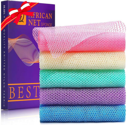 Picture of UJFQBH 5 Pieces African Bath Sponge African Net Long Net Bath Sponge Exfoliating Shower Body Scrubber Back Scrubber Skin Smoother,Great for Daily Use (Purple, Pink, Green, Blue, White)