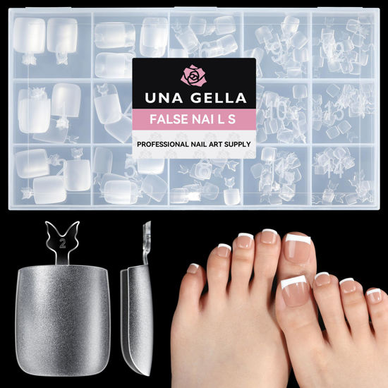Picture of UNA GELLA Square Toe Nail Tips 216Pcs 15Sizes Full Cover Long Wider Toe Nail Tips Soft Gel Pre-etched Double Matte Fake Toe Nail Press Ons For Big Toe Nail Extensions Home DIY Nail Salon Soak Off