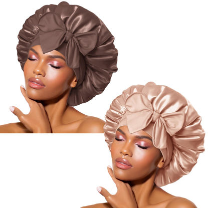 Picture of BONNET QUEEN 2Pcs Pack Silk Bonnet for Sleeping Satin Bonnet Hair Bonnet with Tie Band Sleep Bonnet Men Bonnet for Women Curly Hair Brown Champagne