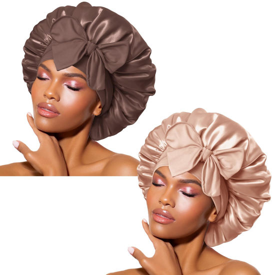 Picture of BONNET QUEEN 2Pcs Pack Silk Bonnet for Sleeping Satin Bonnet Hair Bonnet with Tie Band Sleep Bonnet Men Bonnet for Women Curly Hair Brown Champagne