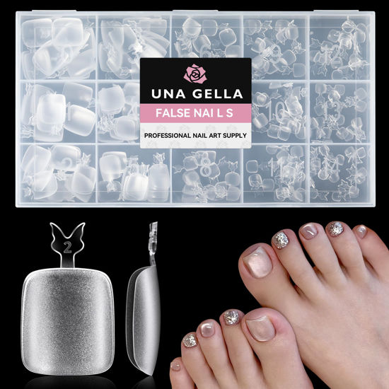 Picture of UNA GELLA Toe Nail Tips Full Cover, 216 Pcs Square Round Toe Nail Press Ons Clear Pre-shape Gel x Toe Nail Tips Double Matte Acrylic Fake Toenails Extensions DIY Home Nail Salon for Women, 15 Sizes
