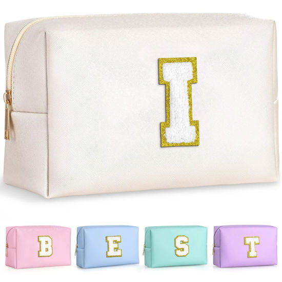 Picture of TOPEAST Preppy Makeup Bag, Cute Makeup Pouch PU Leather Waterproof Cosmetic Bag, Personalized Birthday Gifts for Mom Teacher Friends Bridesmaids Nurse, Trendy Stuff For Girls (White I)