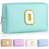 Picture of TOPEAST Initial Makeup Bag For Travel, Chenille Letter Pouch Cosmetic Bag, PU Leather Waterproof Toiletry Bag, Personalized Gifts For Bride Bridemaids, Cute Things for Girls (Blue Q)