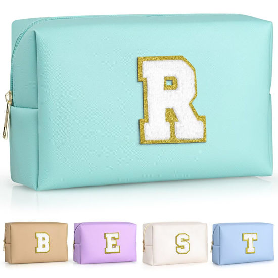 Picture of TOPEAST Cosmetic Travel Bags for Women, Preppy Small Makeup Bag, PU Leather Waterproof Toiletry Bag, Unique Friendship Gifts for Friends Coworker, Cute Stuff for Girls (Blue R)