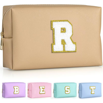 Picture of TOPEAST Cosmetic Travel Bags for Women, Preppy Small Makeup Bag, PU Leather Waterproof Toiletry Bag, Unique Friendship Gifts for Friends Coworker, Cute Stuff for Girls (Khaki R)