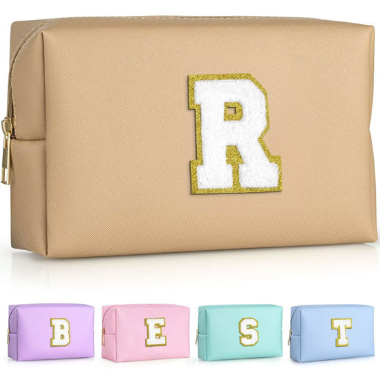 Picture of TOPEAST Cosmetic Travel Bags for Women, Preppy Small Makeup Bag, PU Leather Waterproof Toiletry Bag, Unique Friendship Gifts for Friends Coworker, Cute Stuff for Girls (Khaki R)