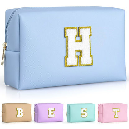 Picture of TOPEAST Preppy Bag, Monogrammed Makeup Bags with Zipper, Cute Makeup Pouch, Initial Birthday Gifts Bag for Daughter Friends Sister, Preppy Things For Girls (Sky Blue H)