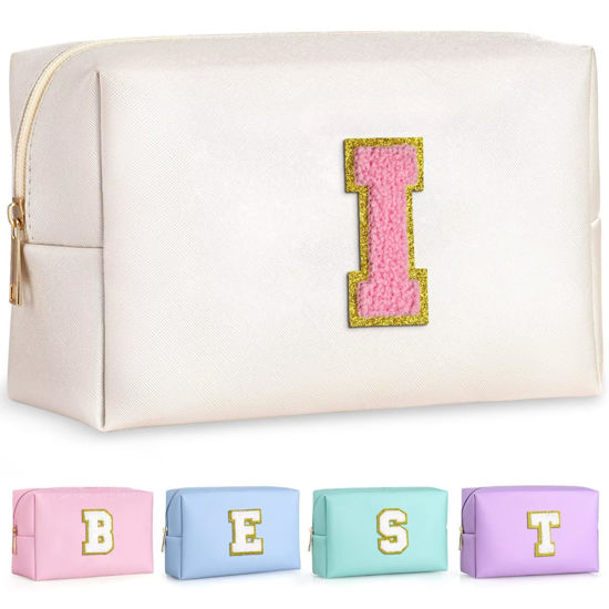 Picture of TOPEAST Preppy Makeup Bag, Cute Makeup Pouch PU Leather Waterproof Cosmetic Bag, Personalized Birthday Gifts for Mom Teacher Friends Bridesmaids Nurse, Trendy Stuff For Girls (Pearly White I)