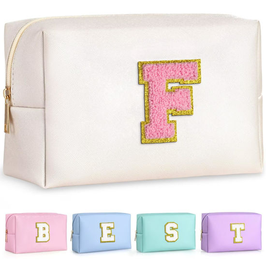 Picture of TOPEAST Preppy Makeup Bag, Small Cosmetic Travel Bags for Women, PU Leather Waterproof Toiletry Bag with Zipper, Personalized Birthday Gift For Women Girl, Preppy Gifts For Girl (Pearly White F)