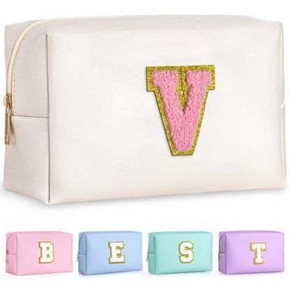 Picture of TOPEAST Initial Makeup Bags for Women, Personalized Portable Cosmetic Bag for Travel, Cute Makeup Pouch, PU Leather Waterproof Toiletry Bag, Preppy Things for Girl (Pearly White V)