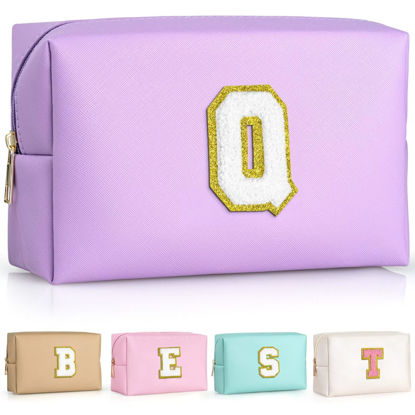 Picture of TOPEAST Initial Makeup Bag For Travel, Chenille Letter Pouch Cosmetic Bag, PU Leather Waterproof Toiletry Bag, Personalized Gifts For Bride Bridemaids, Cute Things for Girls (Purple Q)
