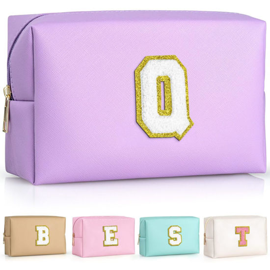 Picture of TOPEAST Initial Makeup Bag For Travel, Chenille Letter Pouch Cosmetic Bag, PU Leather Waterproof Toiletry Bag, Personalized Gifts For Bride Bridemaids, Cute Things for Girls (Purple Q)
