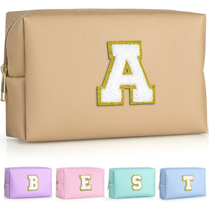 Picture of TOPEAST Preppy Makeup Bag, Personalized Initial Bags with Zipper, Cute Makeup Pouch, PU Leather Waterproof Cosmetic Bag, Birthday Gift For Daughter, Preppy Things For Girls (Khaki A)