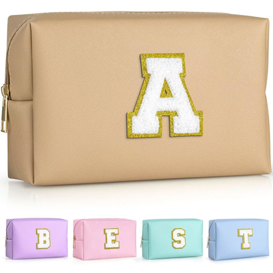 Picture of TOPEAST Preppy Makeup Bag, Personalized Initial Bags with Zipper, Cute Makeup Pouch, PU Leather Waterproof Cosmetic Bag, Birthday Gift For Daughter, Preppy Things For Girls (Khaki A)
