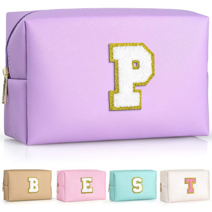 Picture of TOPEAST Personalized Makeup Bag, Chenille Letter Pouch Cosmetic Bag w Zipper, PU Leather Waterproof Toiletry Bag, Bridal Shower Gifts for Bridesmaids, Cute Stuff for Girls (Purple P)