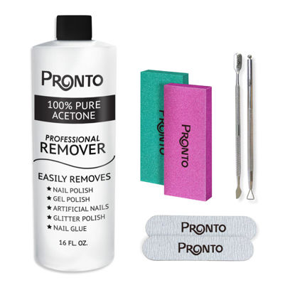 Picture of Pronto Pure Acetone 16 oz Nail Polish Remover Gel Nail Kit, Acrylic Nail Kit Including Cuticle pusher, Nail File, Nail Buffer, and Nail scraper- Ideal For Gel Nail Polish & Dip Powder Removal