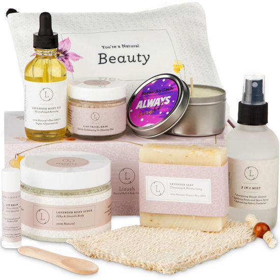 Picture of Lizush Luxury Spa Gifts for Women - 9 Piece Lavender Valentines Day Gifts for Her, Gift Baskets for Women, Body Care Set for Mom, Birthday Box For Women, Self Care Spa Kit For Wife - Handmade In The USA