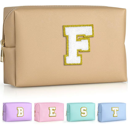 Picture of TOPEAST Preppy Makeup Bag, Small Cosmetic Travel Bags for Women, PU Leather Waterproof Toiletry Bag with Zipper, Personalized Birthday Gift For Women Girl, Preppy Gifts For Girl (Khaki F)