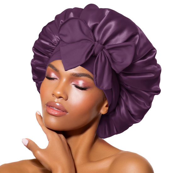 Picture of BONNET QUEEN Satin Bonnet Silk Bonnet for Sleeping Women Hair Bonnet Night Sleep Cap Scarf wrap for Curly Hair with tie Band Prune