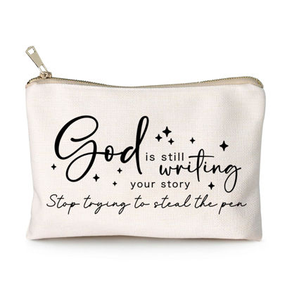Picture of God is Still Writing Your Story Travel Bag Funny Christian Women of the Bible Makeup Bag Bible Quote Christian Quotes Scripture Makeup Pouch Linen Cotton Bag
