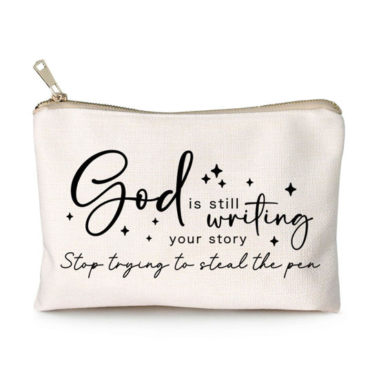 Picture of God is Still Writing Your Story Travel Bag Funny Christian Women of the Bible Makeup Bag Bible Quote Christian Quotes Scripture Makeup Pouch Linen Cotton Bag