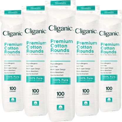 Picture of Cliganic Premium Cotton Rounds for Face (500 Count) | Makeup Remover Pads, Hypoallergenic, Lint-Free | 100% Pure Cotton