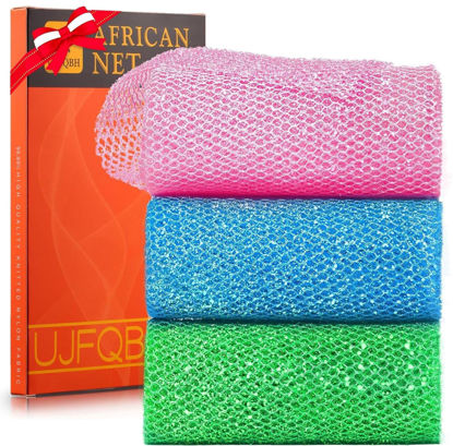 Picture of 3 Piece Bright Style African exfoliating net Exfoliating Shower Set Long Bath Sponges for Smooth, Refreshed Skin, The Exterior Gleams - Ideal for Daily Use (Bright Pink, Blue, Green)