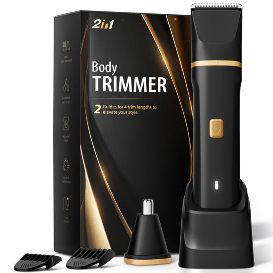 Picture of Risina Body Hair Trimmer for Men, IPX7 Waterproof Versatile Shaver for Temple, Groin, Nose, Ear Hairs, Beard, Electric Razor for Men, Painless Grooming Kit with 2 Replaceable Ceramic Blade Heads