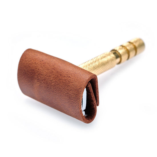 Picture of Safety Razor Head Protecting Leather Cover, Genuine Cowhide Leather Double Edge Safety Razor Case Accessories for Travel, Butterfly Razor Case (Cognac)