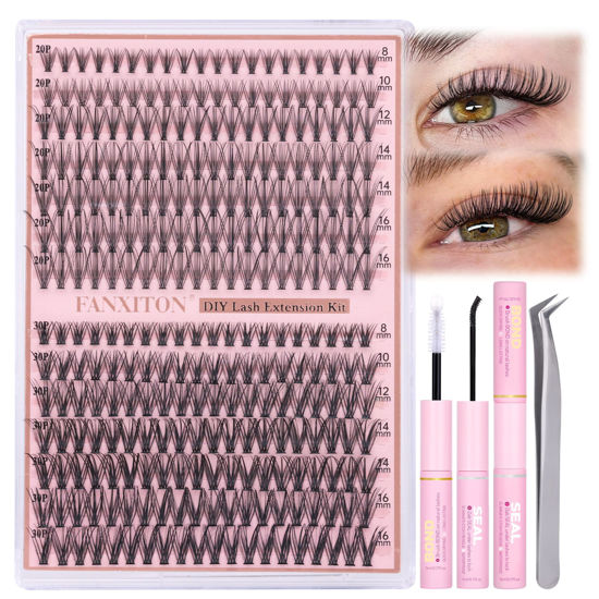 Picture of Natural DIY Lash Extension Kit Wispy Lash Clusters D Curl Individual Lashes 20D+30D 280Pcs Lash Clusters Kit 8-16mm Eyelash Extension Kit by FANXITON