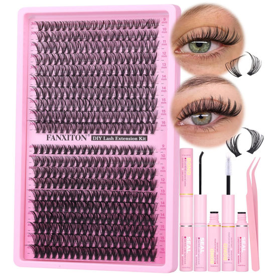 Picture of Natural Lash Cluster Kit Thick Eye Lash Clusters Natural Look 30D+40D D Curl 8-16mm Lash Extension Kit Wispy Eyelash Clusters Volume Individual Lashes with Lash Bond and Seal Waterproof and Tweezers