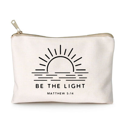 Picture of Be The Light Matthew 5:14 Gift Makeup Case Believe Cosmetic Bag Self Love Religious Makeup Pouch Linen Cotton Bag Vintage Christian Bible Verse Sunshine Inspirational Gift