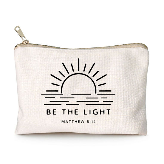 Picture of Be The Light Matthew 5:14 Gift Makeup Case Believe Cosmetic Bag Self Love Religious Makeup Pouch Linen Cotton Bag Vintage Christian Bible Verse Sunshine Inspirational Gift