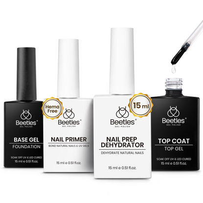 Picture of Beetles 4 Pcs 15ml Gel Top Coat and Base Coat Set with Nail Dehydrator and Primer,Professional Nail Prep Acid-Free & Hema-Free Dehydrate Bond Primer Set for Acrylic and Gel Nail Polish