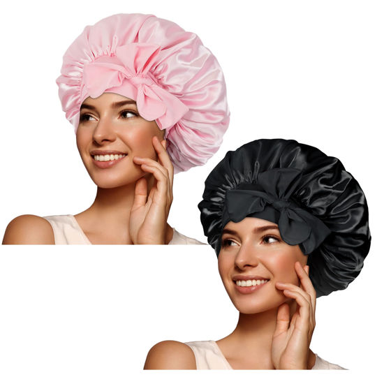 Picture of BONNET QUEEN 2pcs Pack Silk Bonnet for Sleeping Women Satin Bonnet Hair Bonnet night sleep cap scarf wrap for curly hair with tie band black pink