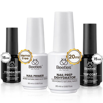 Picture of Beetles 4 Pcs 15ml Base Gel and Top Coat Kit with 20ml Nail Dehydrator and Primer, Professional Nail Prep Acid-Free & Hema-Free Dehydrate Bond Primer Set for Acrylic Nail Manicure Gift for Women