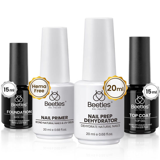 Picture of Beetles 4 Pcs 15ml Base Gel and Top Coat Kit with 20ml Nail Dehydrator and Primer, Professional Nail Prep Acid-Free & Hema-Free Dehydrate Bond Primer Set for Acrylic Nail Manicure Gift for Women